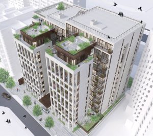 Nový dvanáctipatrový dům s pečovatelskou službou disponuje bohatě osázenými střešními zahradami.