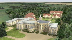 Vizualizace hlavní historické budovy v popředí a třetí fáze tzv. cottages v pozadí.