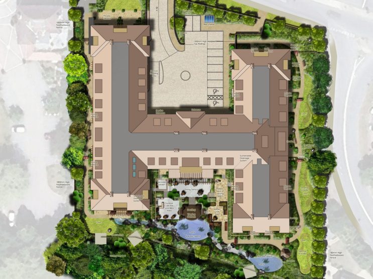 Situace zahrady pro dům s pečovatelskou službou Coombe Hill Manor.